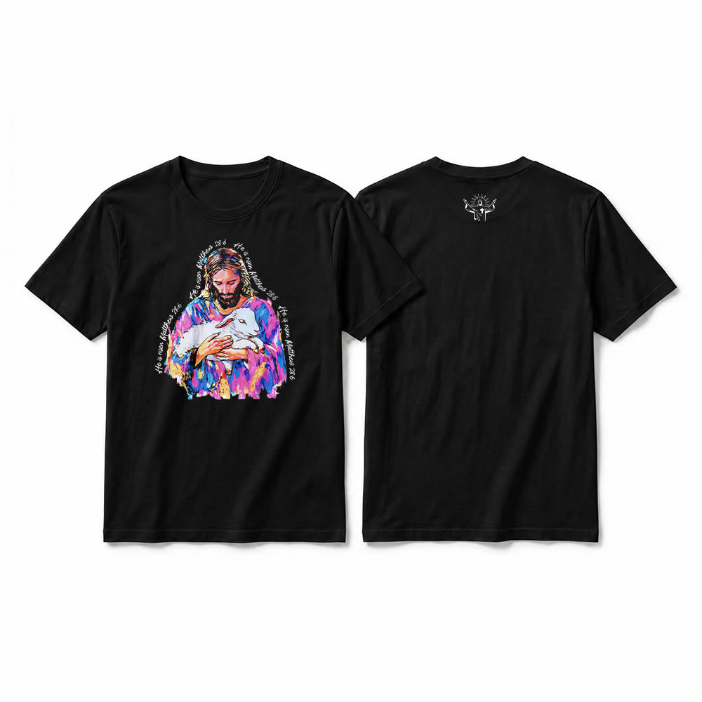 Christianartworkshop „Er ist auferstanden“ (Matthäus 28,6) – Jesus und das Lamm Premium Kurzarm-T-Shirt - Schwarz - 2XL - image 7