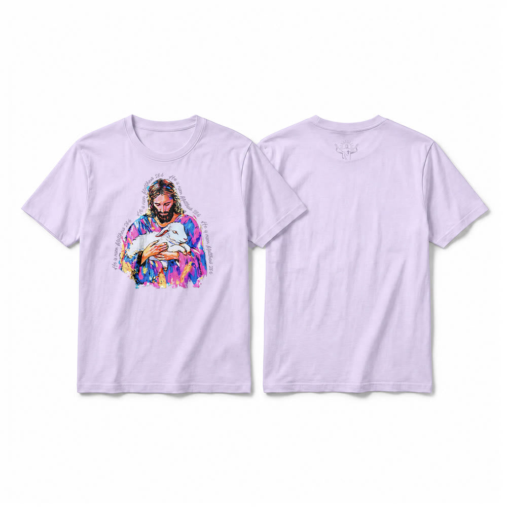 Christianartworkshop „Er ist auferstanden“ (Matthäus 28,6) – Jesus und das Lamm Premium Kurzarm-T-Shirt - Lila - 2XL - image 10