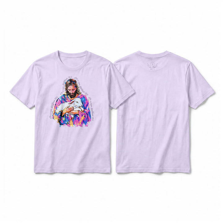 Christianartworkshop „Er ist auferstanden“ (Matthäus 28,6) – Jesus und das Lamm Premium Kurzarm-T-Shirt - Lila - 2XL - image 10