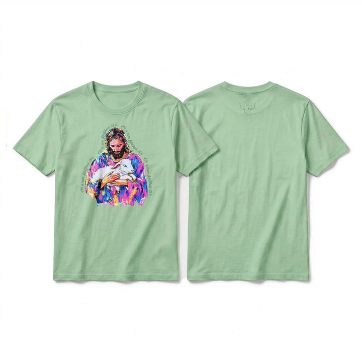 Christianartworkshop „Er ist auferstanden“ (Matthäus 28,6) – Jesus und das Lamm Premium Kurzarm-T-Shirt - Hellgrün - 2XL - image 22