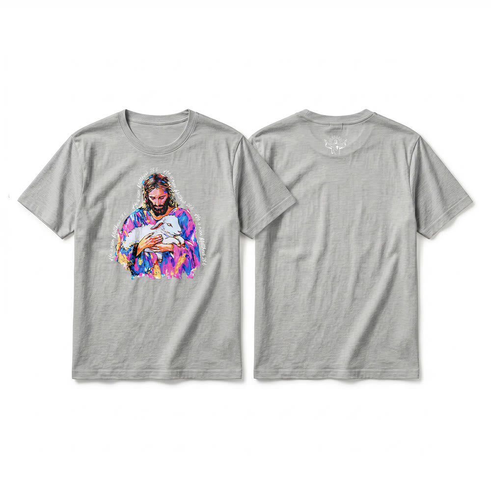 Christianartworkshop „Er ist auferstanden“ (Matthäus 28,6) – Jesus und das Lamm Premium Kurzarm-T-Shirt - Grau - 2XL - image 16