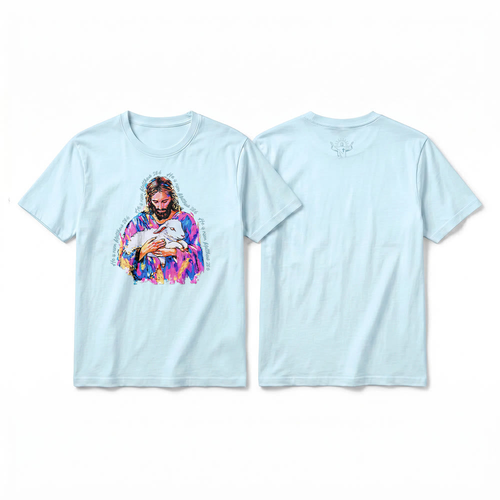 Christianartworkshop „Er ist auferstanden“ (Matthäus 28,6) – Jesus und das Lamm Premium Kurzarm-T-Shirt - Blau - 2XL - image 19