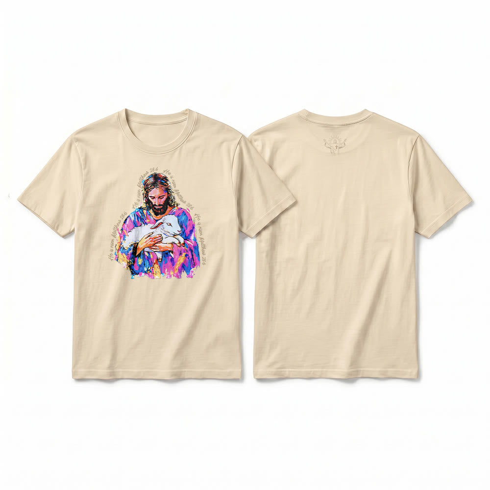 Christianartworkshop „Er ist auferstanden“ (Matthäus 28,6) – Jesus und das Lamm Premium Kurzarm-T-Shirt - Beige - 2XL - image 1