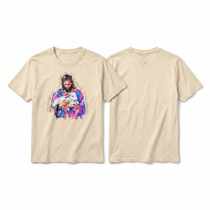 Christianartworkshop „Er ist auferstanden“ (Matthäus 28,6) – Jesus und das Lamm Premium Kurzarm-T-Shirt - Beige - 2XL - image 1