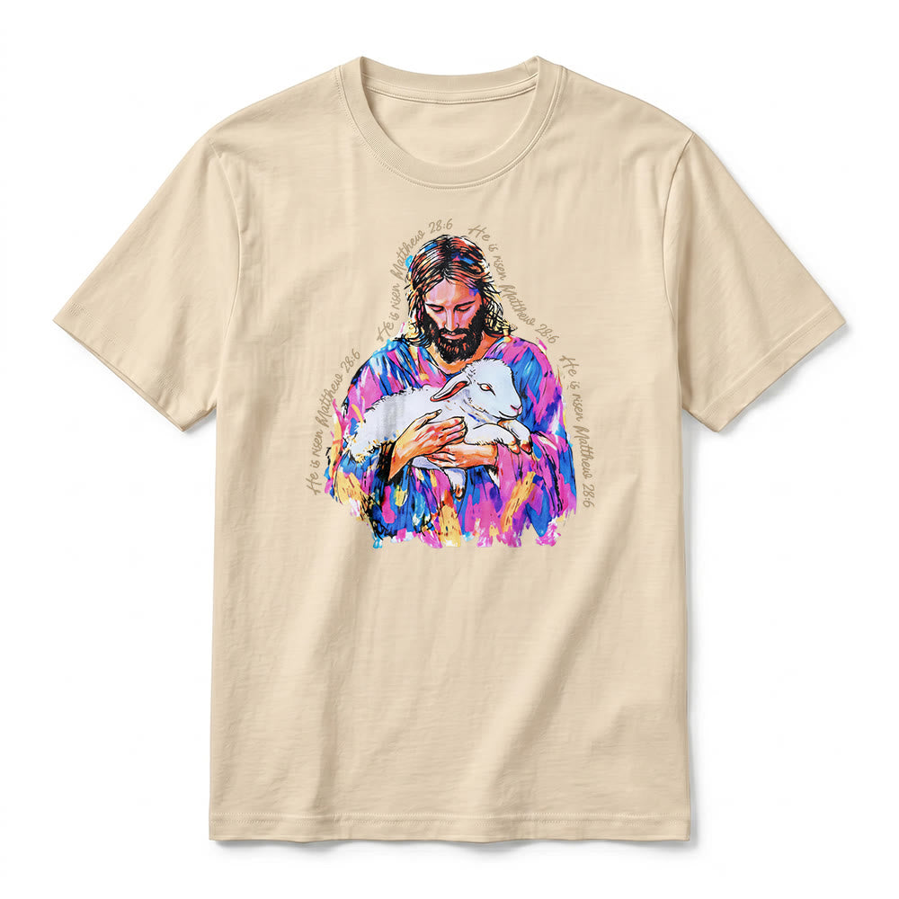 Christianartworkshop „Er ist auferstanden“ (Matthäus 28,6) – Jesus und das Lamm Premium Kurzarm-T-Shirt - image 2