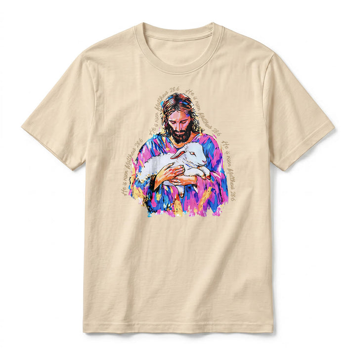 Christianartworkshop „Er ist auferstanden“ (Matthäus 28,6) – Jesus und das Lamm Premium Kurzarm-T-Shirt - image 2