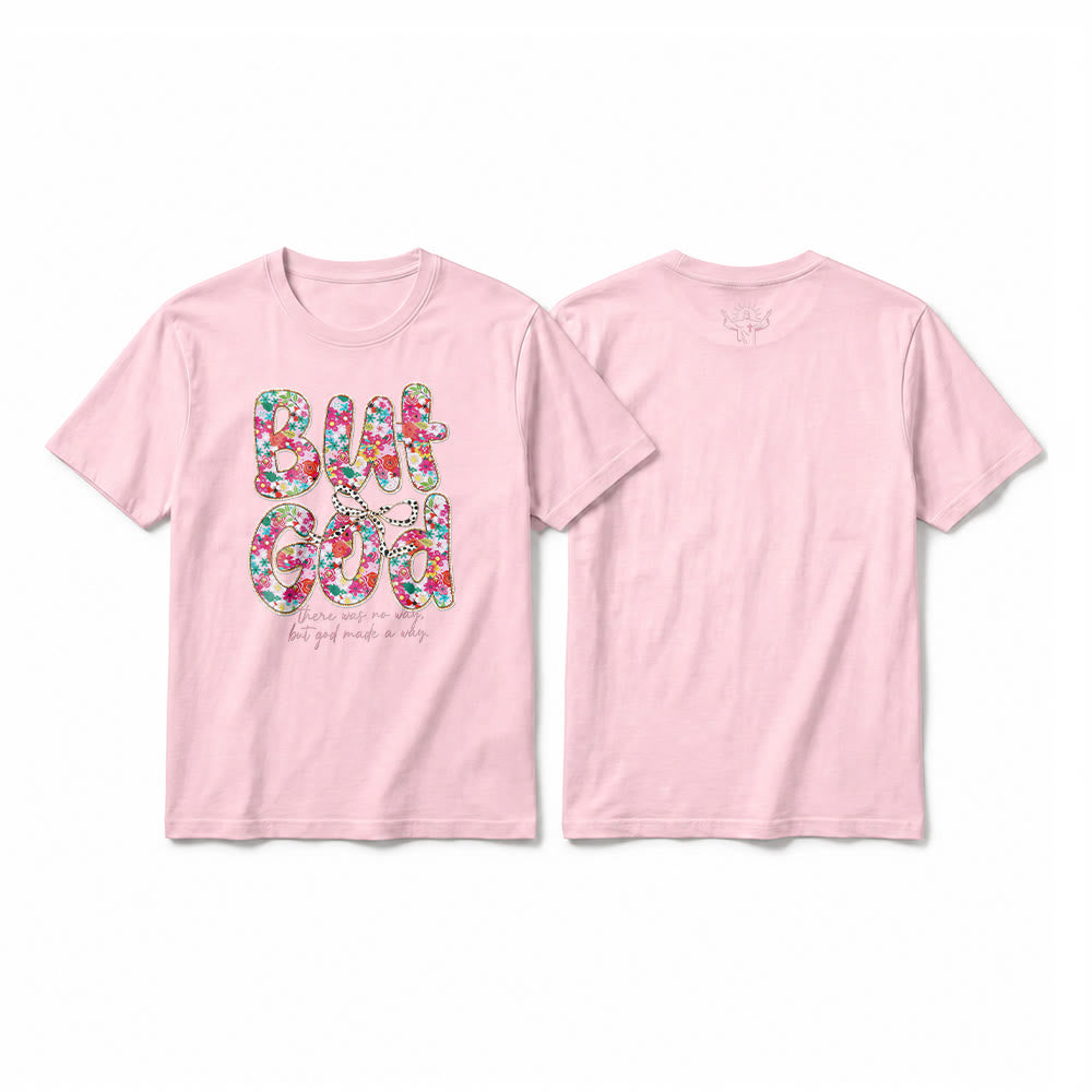Christianartworkshop „Aber Gott hat einen Weg geschaffen“ Premium-T-Shirt mit floralem Schriftzug und kurzen Ärmeln - Rosa - 2XL - image 25