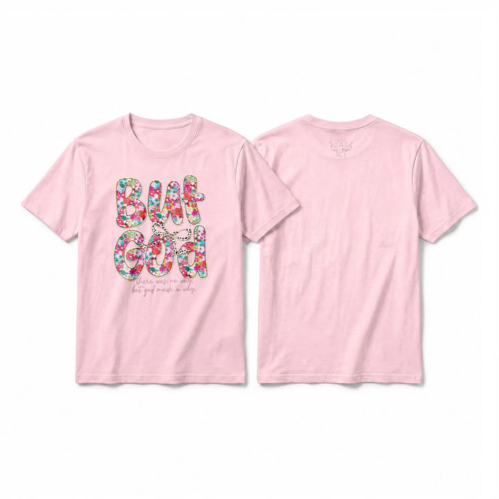 Christianartworkshop „Aber Gott hat einen Weg geschaffen“ Premium-T-Shirt mit floralem Schriftzug und kurzen Ärmeln - Rosa - 2XL - image 25