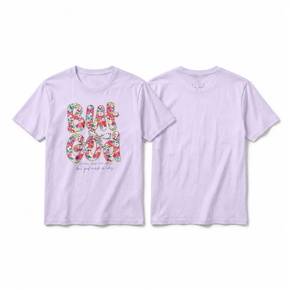Christianartworkshop „Aber Gott hat einen Weg geschaffen“ Premium-T-Shirt mit floralem Schriftzug und kurzen Ärmeln - Lila - 2XL - image 10