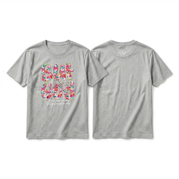 Christianartworkshop „Aber Gott hat einen Weg geschaffen“ Premium-T-Shirt mit floralem Schriftzug und kurzen Ärmeln - Grau - 2XL - image 16