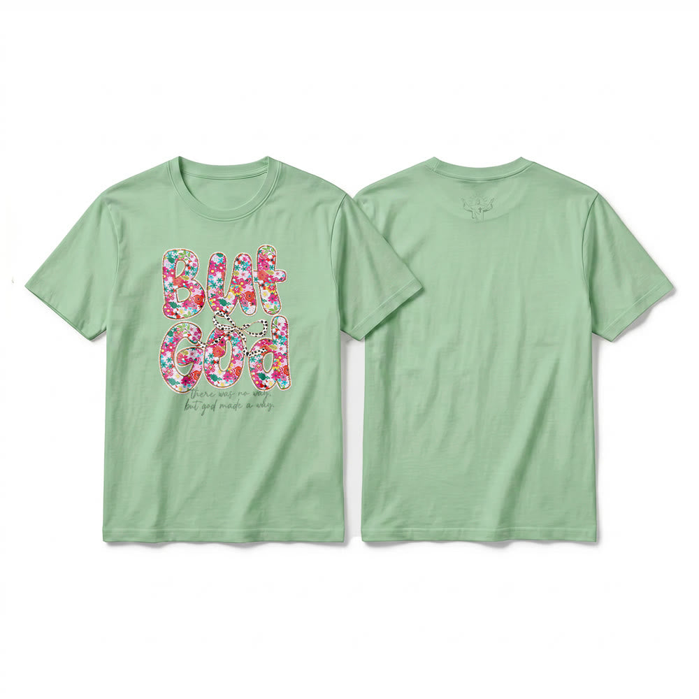 Christianartworkshop „Aber Gott hat einen Weg geschaffen“ Premium-T-Shirt mit floralem Schriftzug und kurzen Ärmeln - Hellgrün - 2XL - image 22