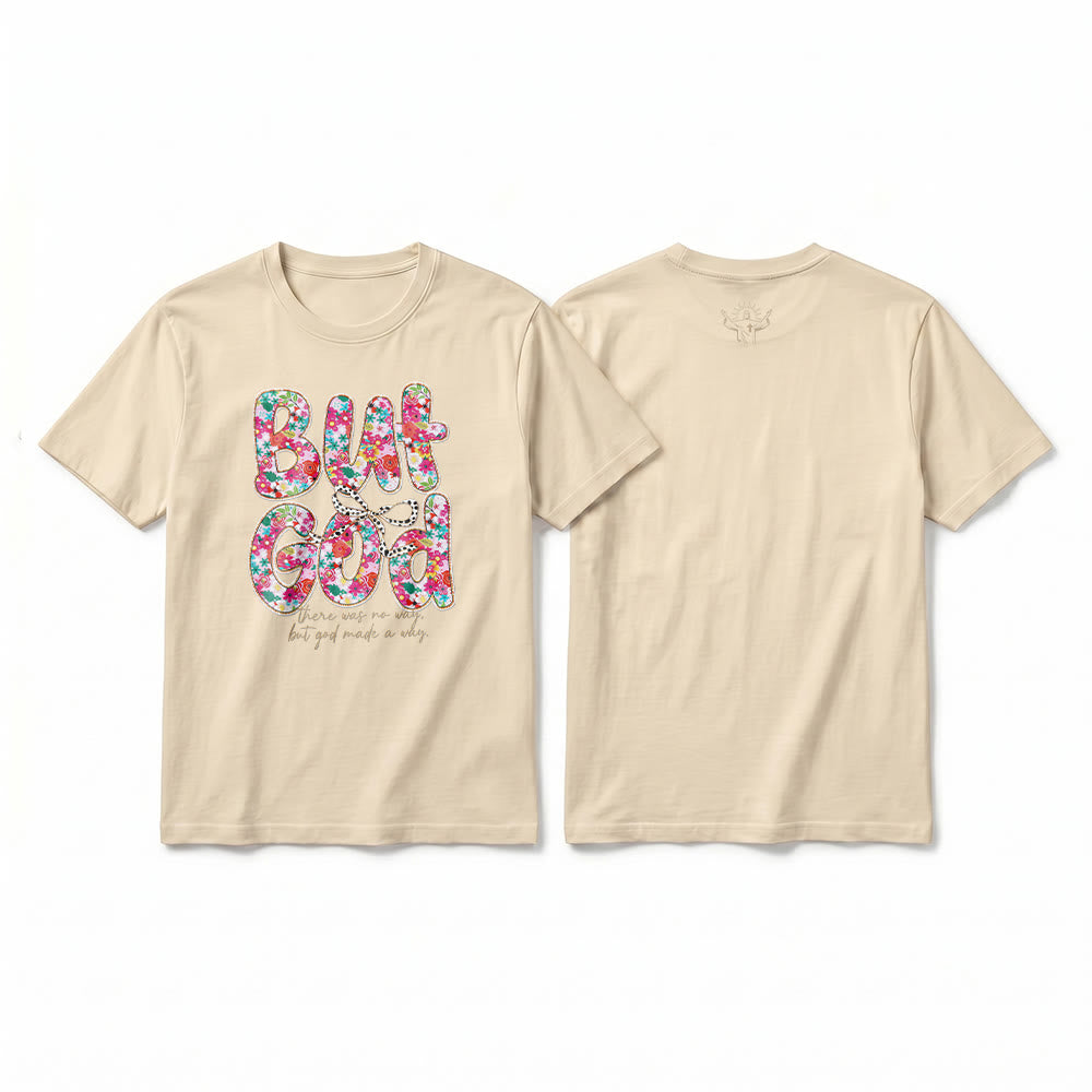 Christianartworkshop „Aber Gott hat einen Weg geschaffen“ Premium-T-Shirt mit floralem Schriftzug und kurzen Ärmeln - Beige - 2XL - image 1