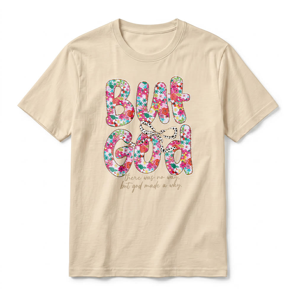 Christianartworkshop „Aber Gott hat einen Weg geschaffen“ Premium-T-Shirt mit floralem Schriftzug und kurzen Ärmeln - image 2