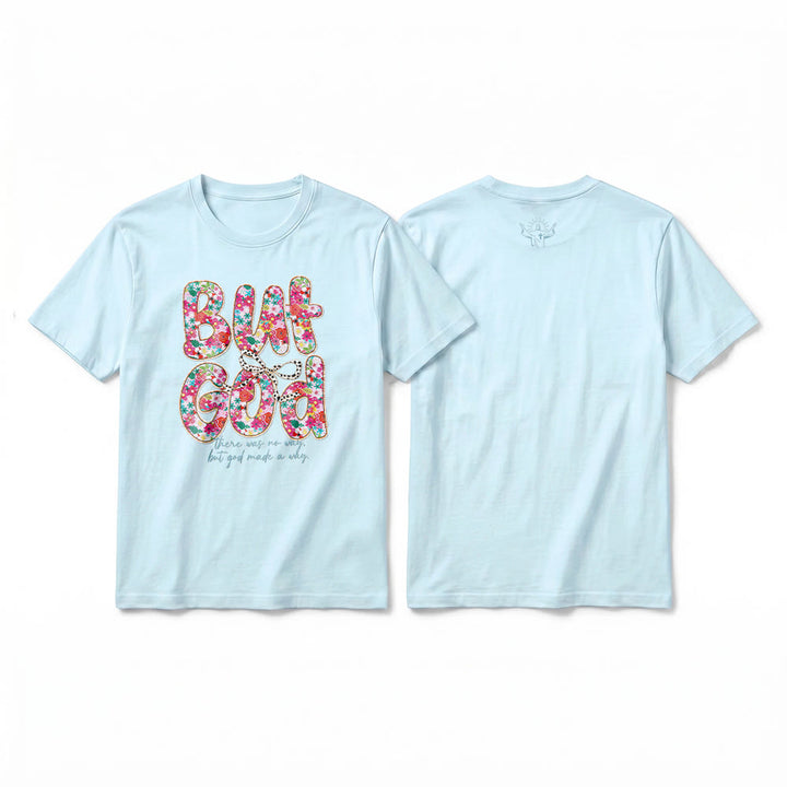 Christianartworkshop „Aber Gott hat einen Weg geschaffen“ Premium-T-Shirt mit floralem Schriftzug und kurzen Ärmeln - Blau - 2XL - image 19