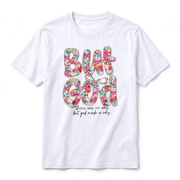 Christianartworkshop „Aber Gott hat einen Weg geschaffen“ Premium-T-Shirt mit floralem Schriftzug und kurzen Ärmeln - image 14