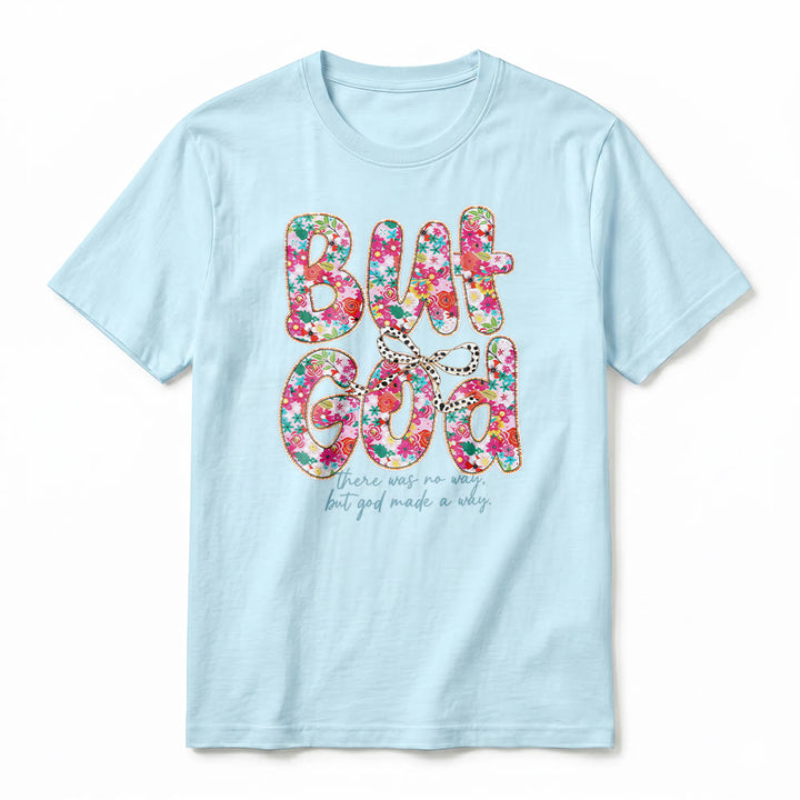 Christianartworkshop „Aber Gott hat einen Weg geschaffen“ Premium-T-Shirt mit floralem Schriftzug und kurzen Ärmeln - image 20