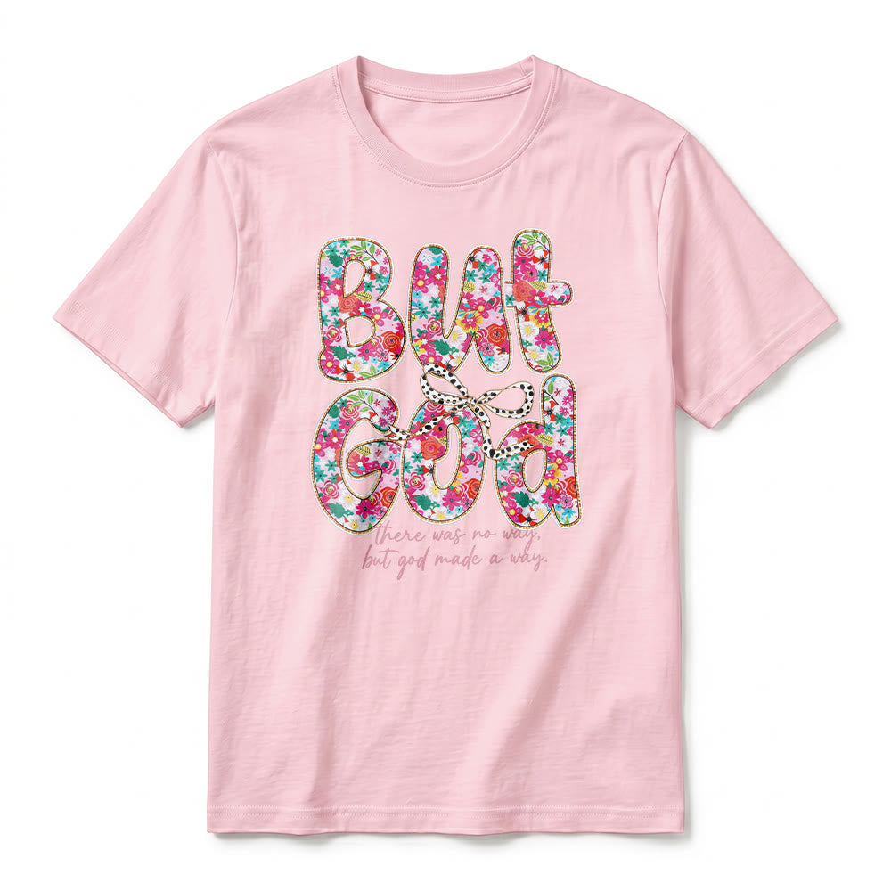 Christianartworkshop „Aber Gott hat einen Weg geschaffen“ Premium-T-Shirt mit floralem Schriftzug und kurzen Ärmeln - image 26
