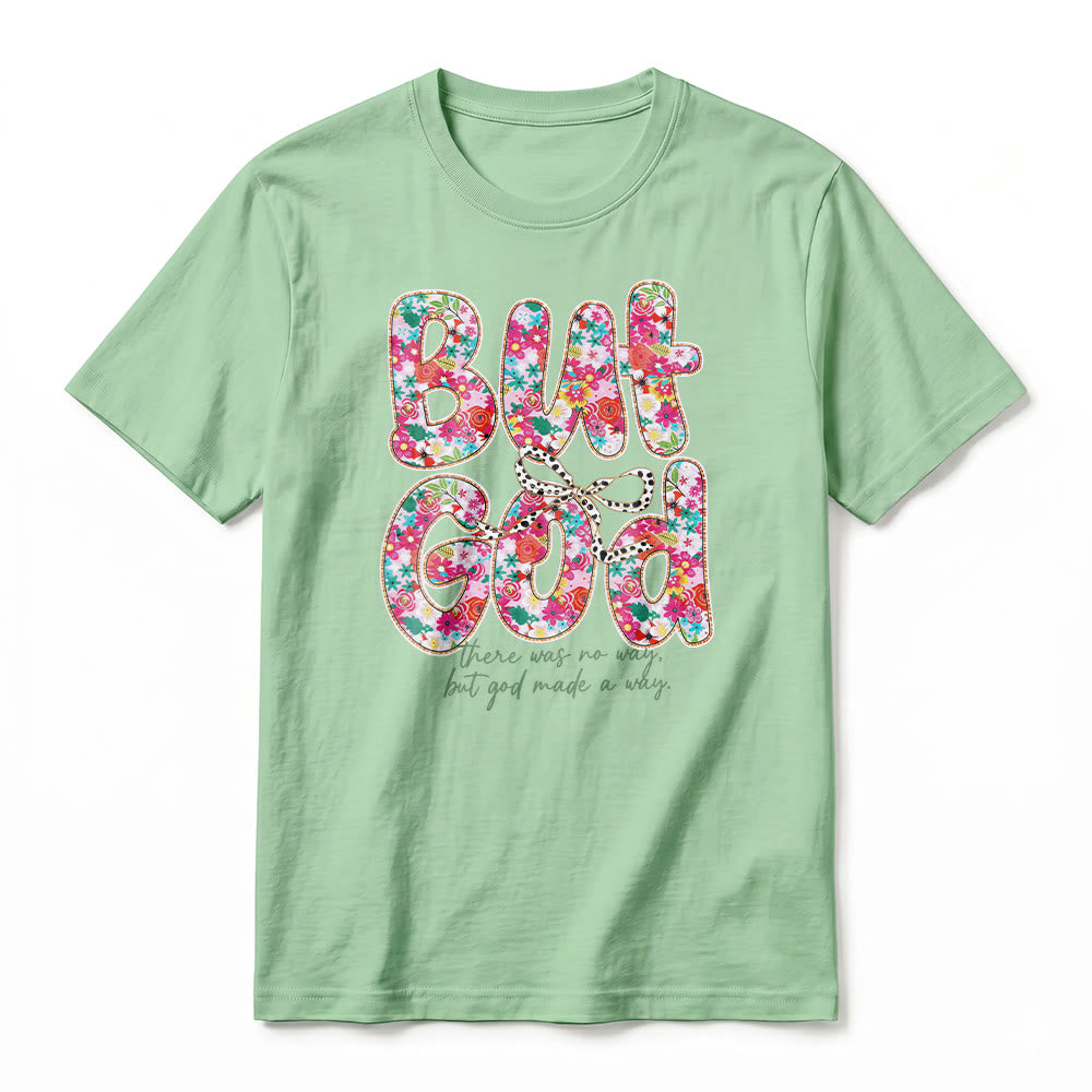 Christianartworkshop „Aber Gott hat einen Weg geschaffen“ Premium-T-Shirt mit floralem Schriftzug und kurzen Ärmeln - image 23