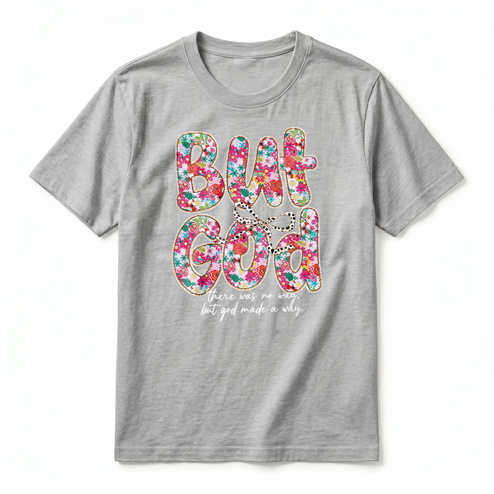 Christianartworkshop „Aber Gott hat einen Weg geschaffen“ Premium-T-Shirt mit floralem Schriftzug und kurzen Ärmeln - image 17