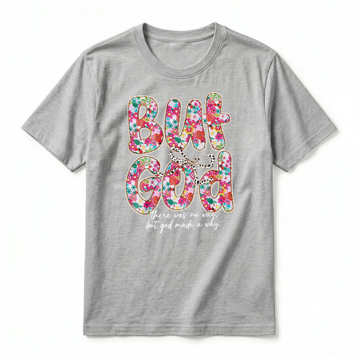 Christianartworkshop „Aber Gott hat einen Weg geschaffen“ Premium-T-Shirt mit floralem Schriftzug und kurzen Ärmeln - image 17