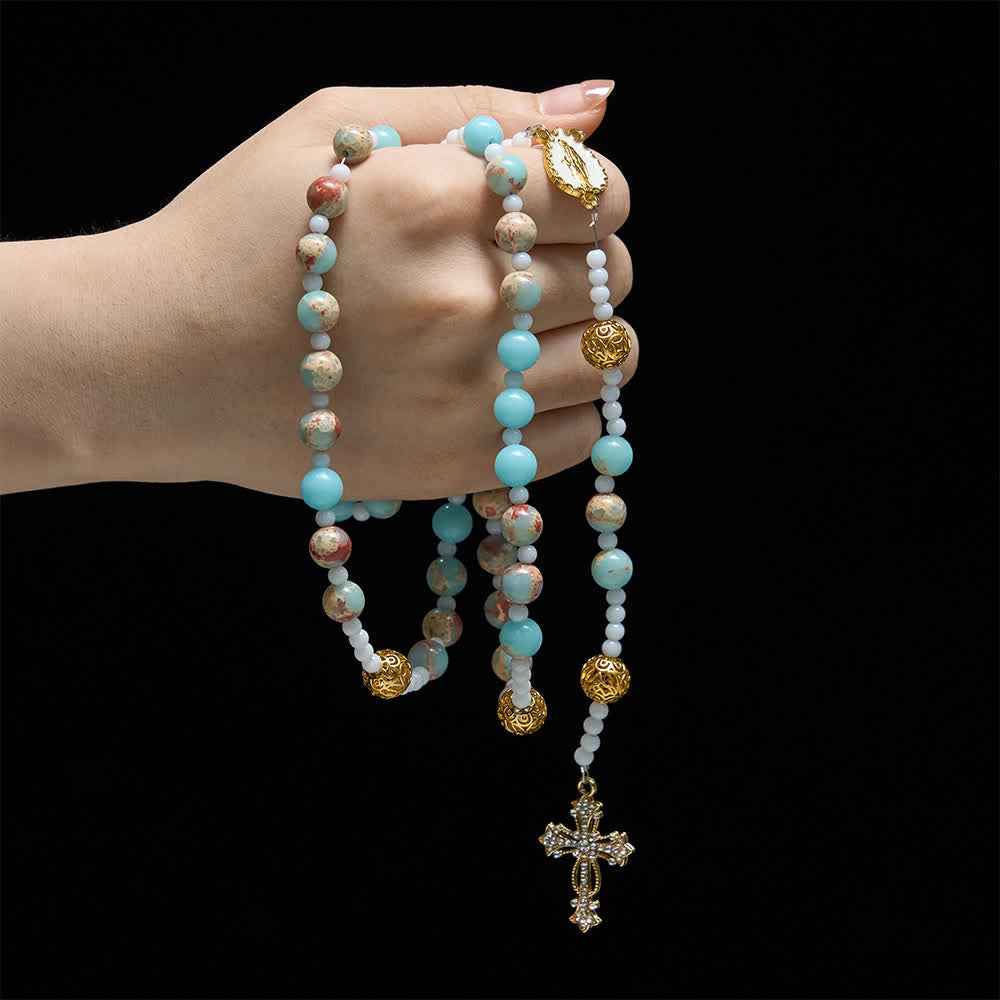 Christianartworkshop Rosenkranz aus weichem Aqua-Shoushan-Stein: Marienverehrung - image 1
