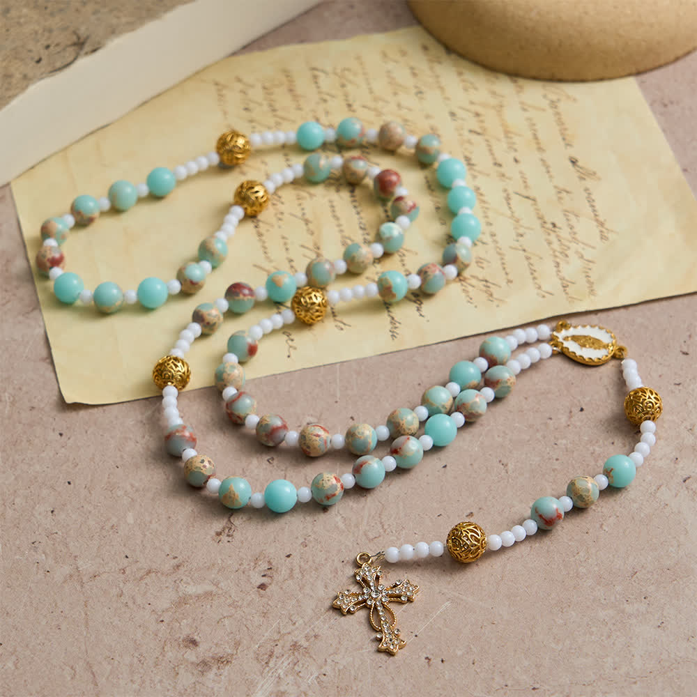 Christianartworkshop Rosenkranz aus weichem Aqua-Shoushan-Stein: Marienverehrung - image 3