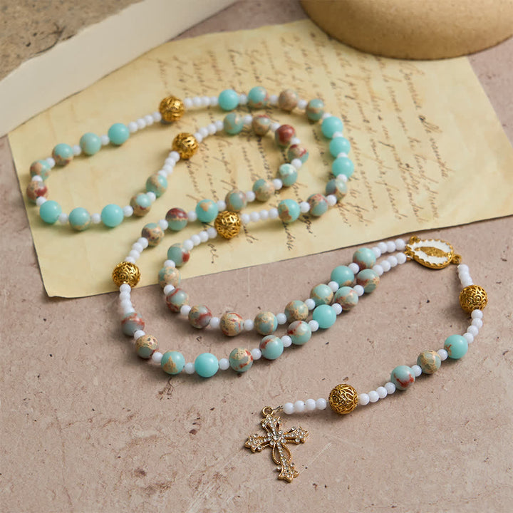 Christianartworkshop Rosenkranz aus weichem Aqua-Shoushan-Stein: Marienverehrung - image 3