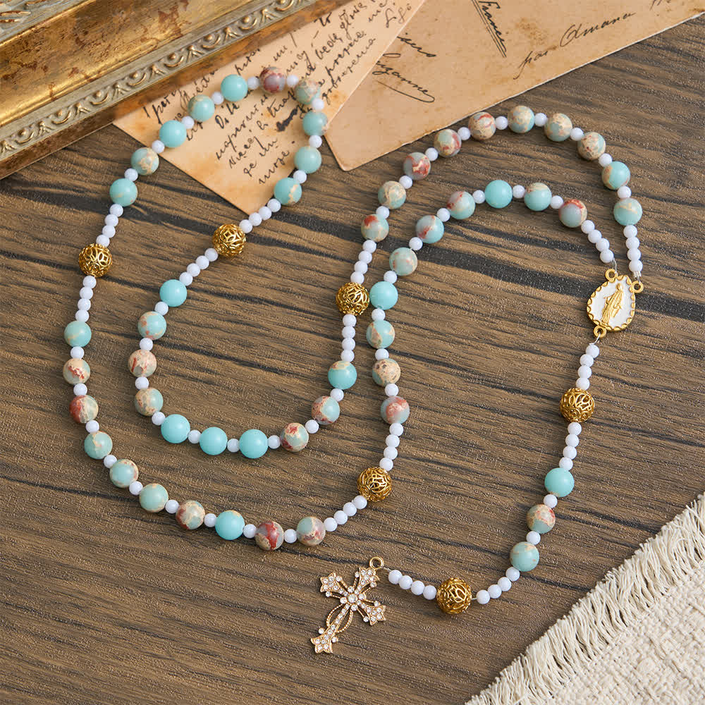 Christianartworkshop Rosenkranz aus weichem Aqua-Shoushan-Stein: Marienverehrung - Unsere Liebe Frau und das Kreuz - image 0