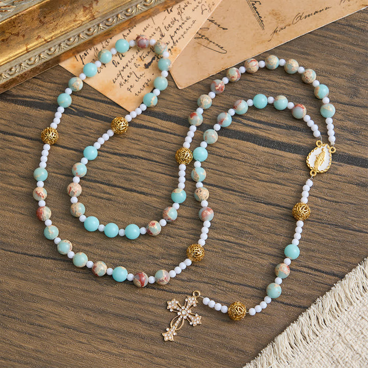 Christianartworkshop Rosenkranz aus weichem Aqua-Shoushan-Stein: Marienverehrung - Unsere Liebe Frau und das Kreuz - image 0