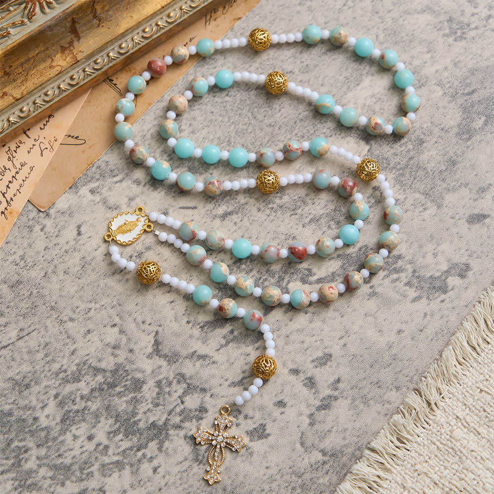 Christianartworkshop Rosenkranz aus weichem Aqua-Shoushan-Stein: Marienverehrung - image 2