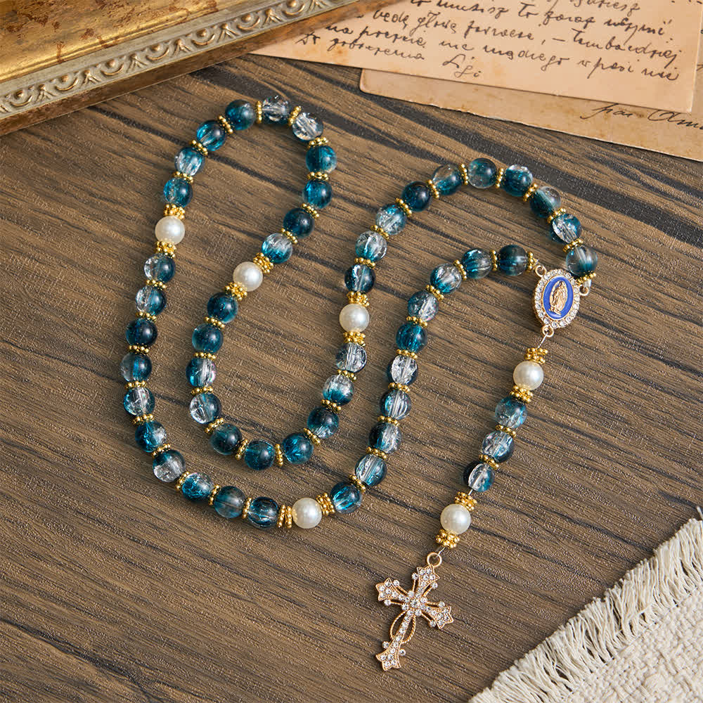 Christianartworkshop Rosenkranz aus blauen Glasperlen für die tägliche Marienverehrung - Unsere Liebe Frau und das Kreuz - image 0