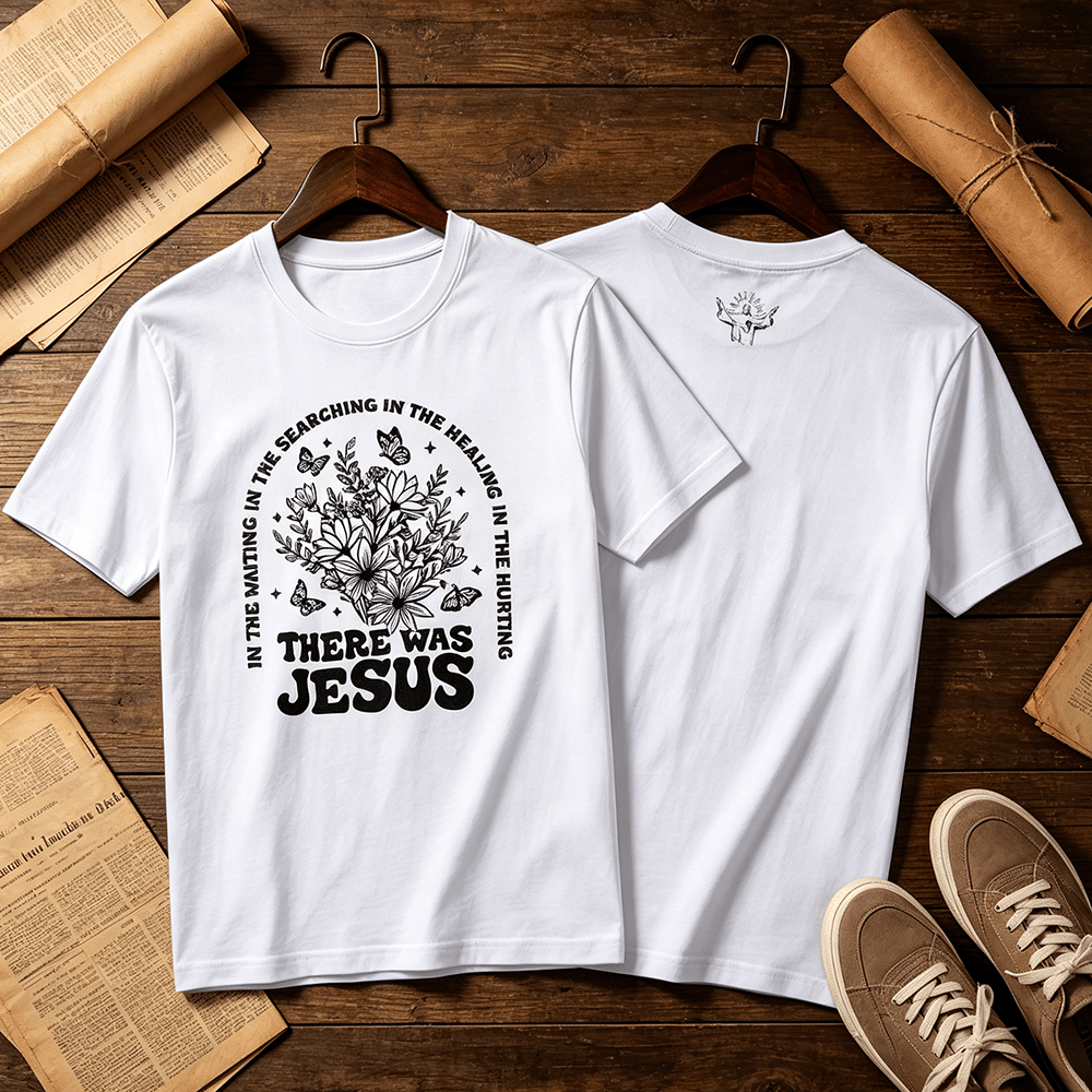 Christianartworkshop „There Was Jesus“ Premium-Kurzarm-T-Shirt mit Blumen- und Schmetterlingsmuster - image 0