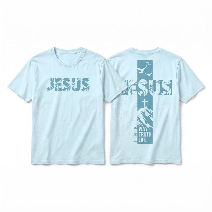 Christianartworkshop "JESUS" Mountain Cross Premium Kurzarm-T-Shirt - Blau - 2XL - image 13