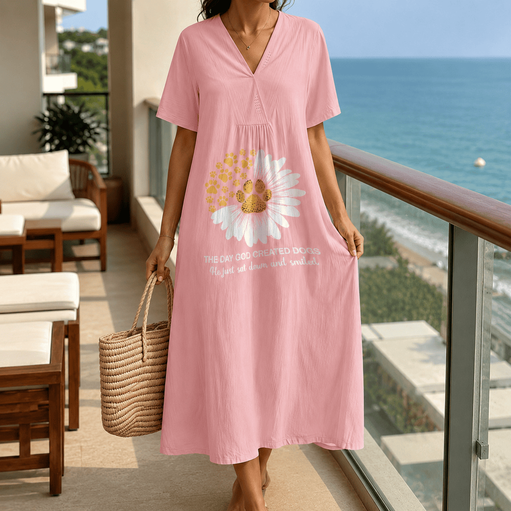 Christianartworkshop „Der Tag, an dem Gott die Hunde erschuf“ Gänseblümchen- und Pfotenabdruck-Midikleid mit V-Ausschnitt und kurzen Ärmeln - image 0