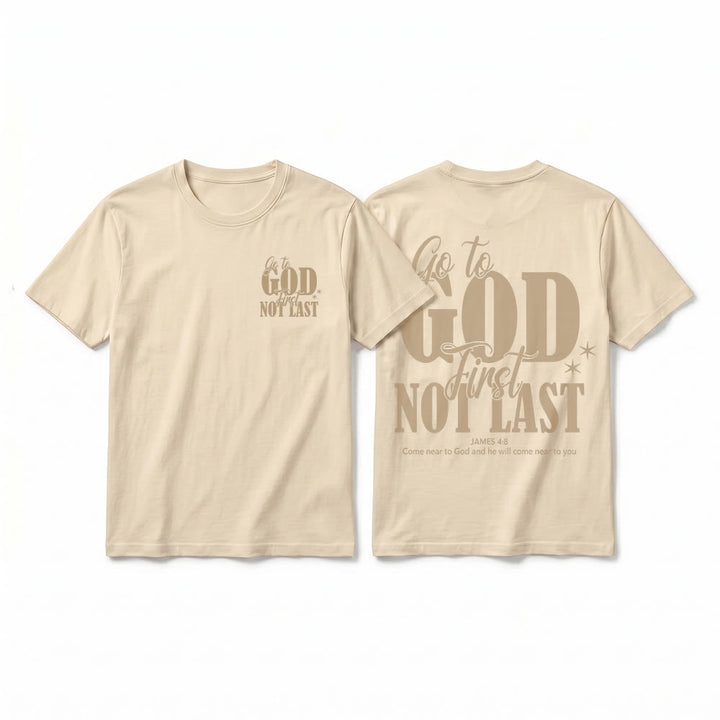 Christianartworkshop „Geh zuerst zu Gott“ – Premium-T-Shirt mit Glaubenserinnerung und kurzen Ärmeln - Beige - 2XL - image 4