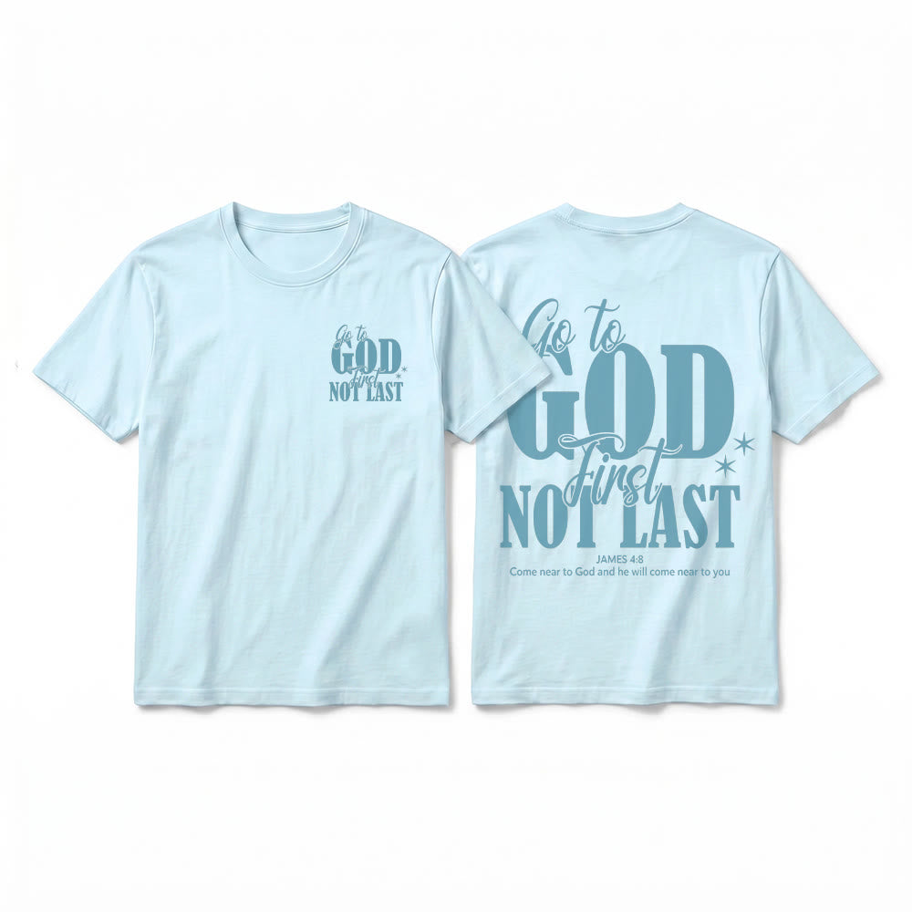 Christianartworkshop „Geh zuerst zu Gott“ – Premium-T-Shirt mit Glaubenserinnerung und kurzen Ärmeln - Blau - 2XL - image 16