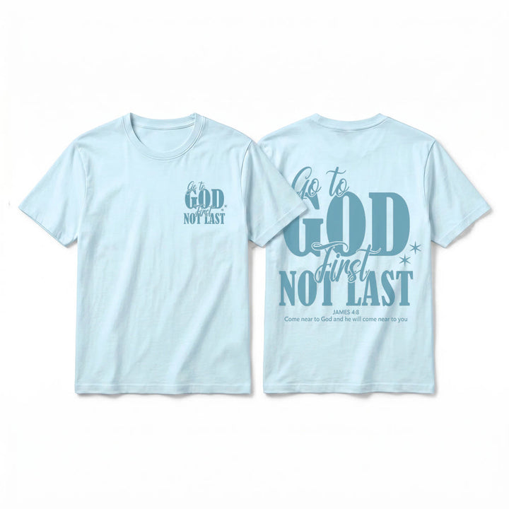 Christianartworkshop „Geh zuerst zu Gott“ – Premium-T-Shirt mit Glaubenserinnerung und kurzen Ärmeln - Blau - 2XL - image 16