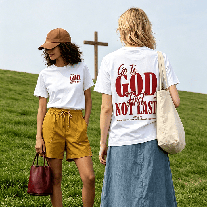 Christianartworkshop „Geh zuerst zu Gott“ – Premium-T-Shirt mit Glaubenserinnerung und kurzen Ärmeln - image 0