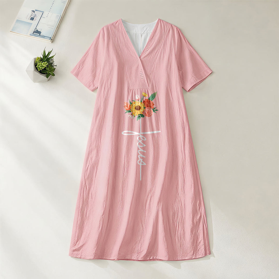 Christianartworkshop Jesus-Schriftzug, Kreuz & Sonnenblumen-Blumenmuster, V-Ausschnitt, Kurzarm-Midikleid - Rosa - 4XL - image 8