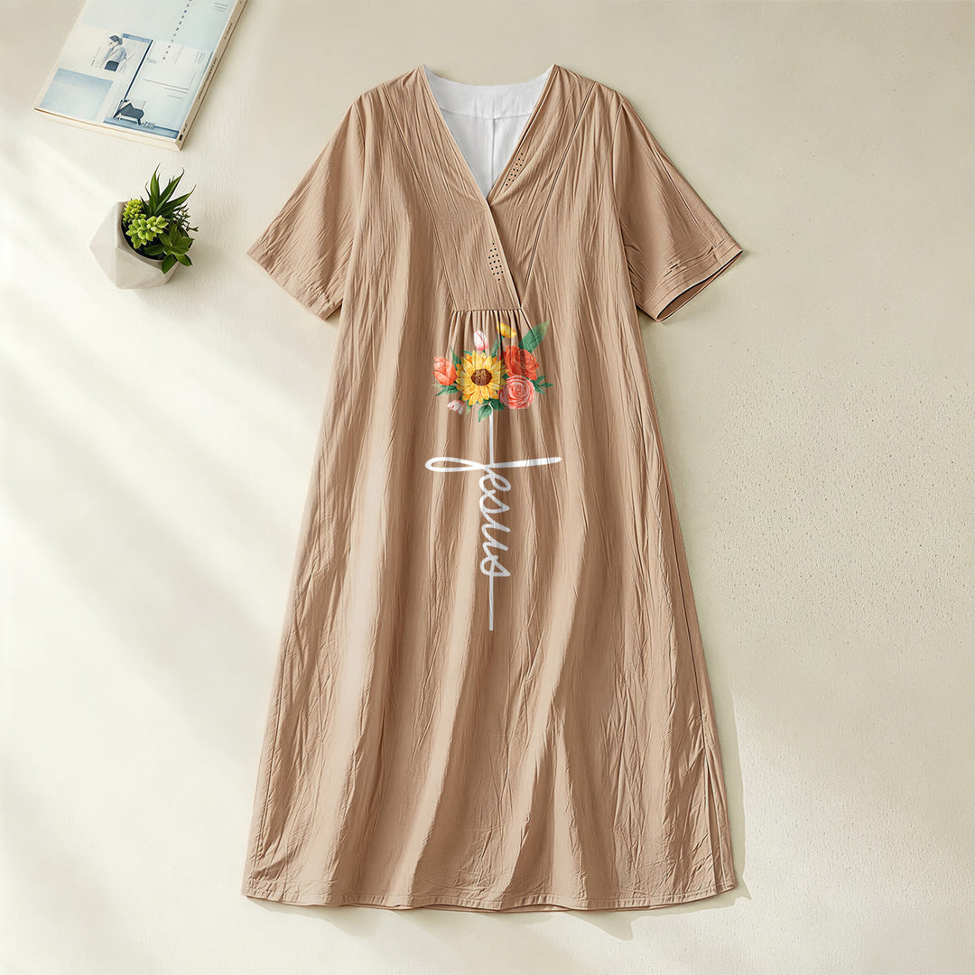 Christianartworkshop Jesus-Schriftzug, Kreuz & Sonnenblumen-Blumenmuster, V-Ausschnitt, Kurzarm-Midikleid - Khaki - 4XL - image 6
