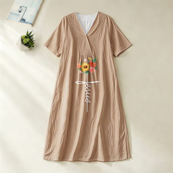 Christianartworkshop Jesus-Schriftzug, Kreuz & Sonnenblumen-Blumenmuster, V-Ausschnitt, Kurzarm-Midikleid - Khaki - 4XL - image 6