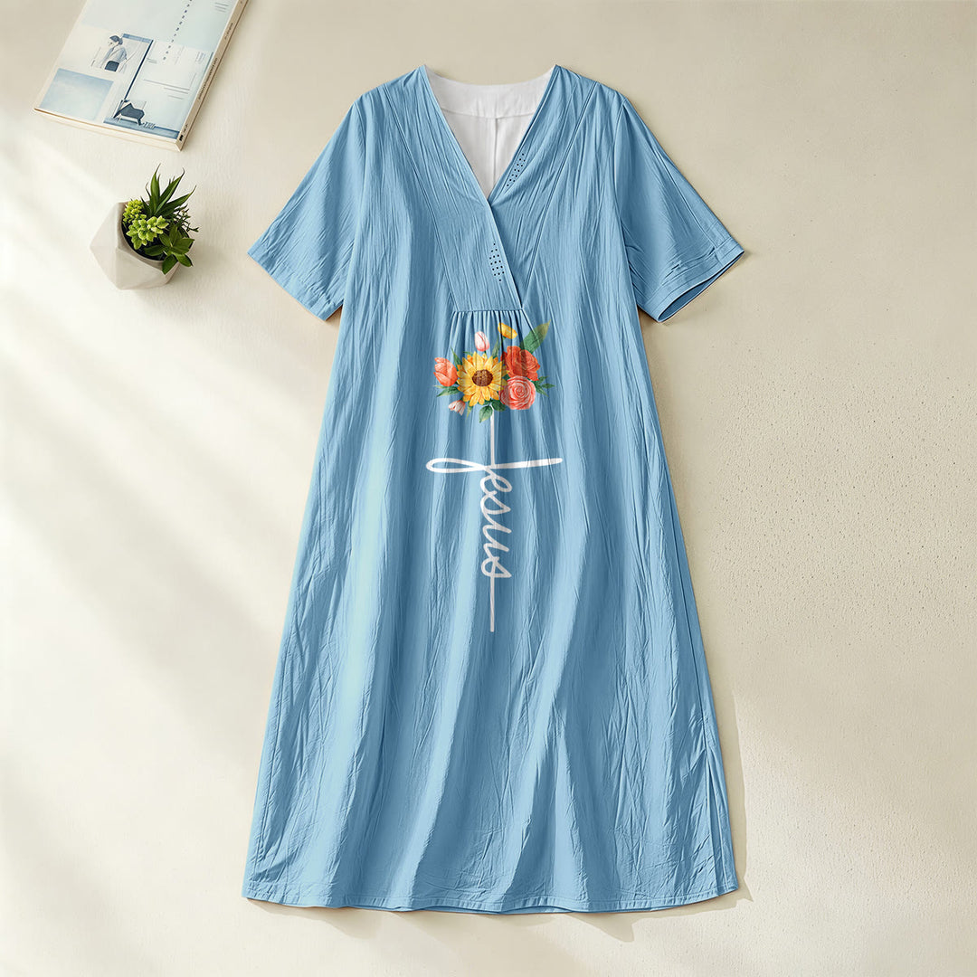 Christianartworkshop Jesus-Schriftzug, Kreuz & Sonnenblumen-Blumenmuster, V-Ausschnitt, Kurzarm-Midikleid - Blau - 4XL - image 2