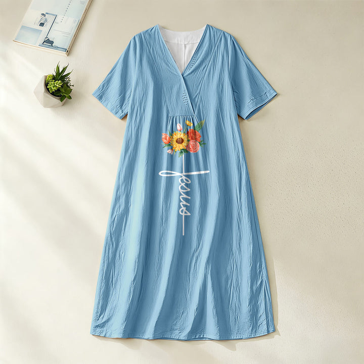 Christianartworkshop Jesus-Schriftzug, Kreuz & Sonnenblumen-Blumenmuster, V-Ausschnitt, Kurzarm-Midikleid - Blau - 4XL - image 2