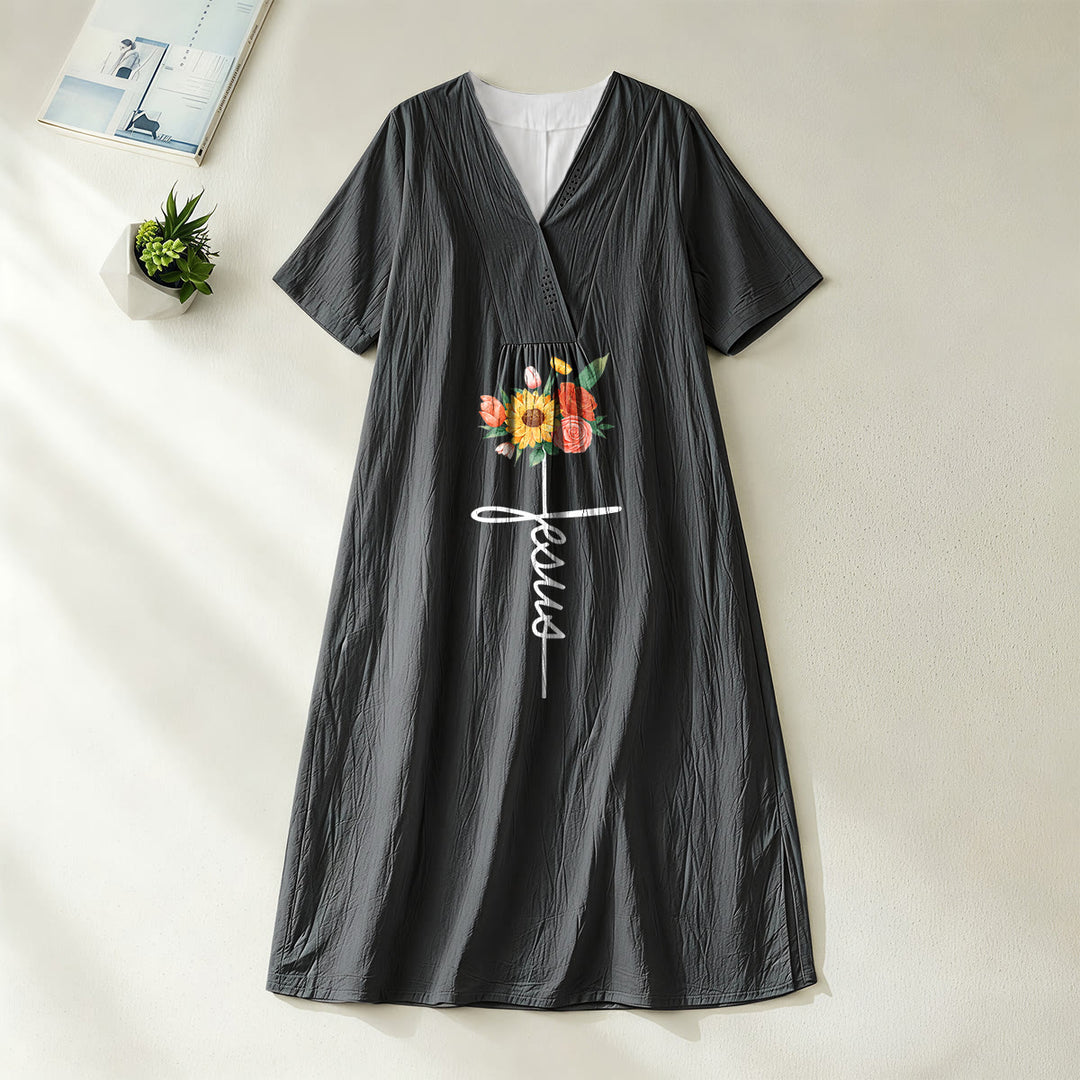 Christianartworkshop Jesus-Schriftzug, Kreuz & Sonnenblumen-Blumenmuster, V-Ausschnitt, Kurzarm-Midikleid - Schwarz - 4XL - image 0