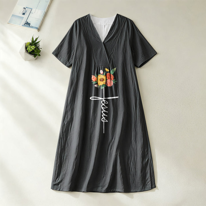 Christianartworkshop Jesus-Schriftzug, Kreuz & Sonnenblumen-Blumenmuster, V-Ausschnitt, Kurzarm-Midikleid - Schwarz - 4XL - image 0