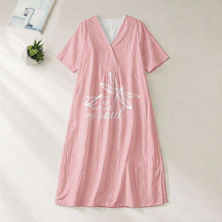 Christianartworkshop Sommer Strand Glaubensvers Libelle V-Ausschnitt Kurzarm Midikleid - Rosa - 4XL - image 8