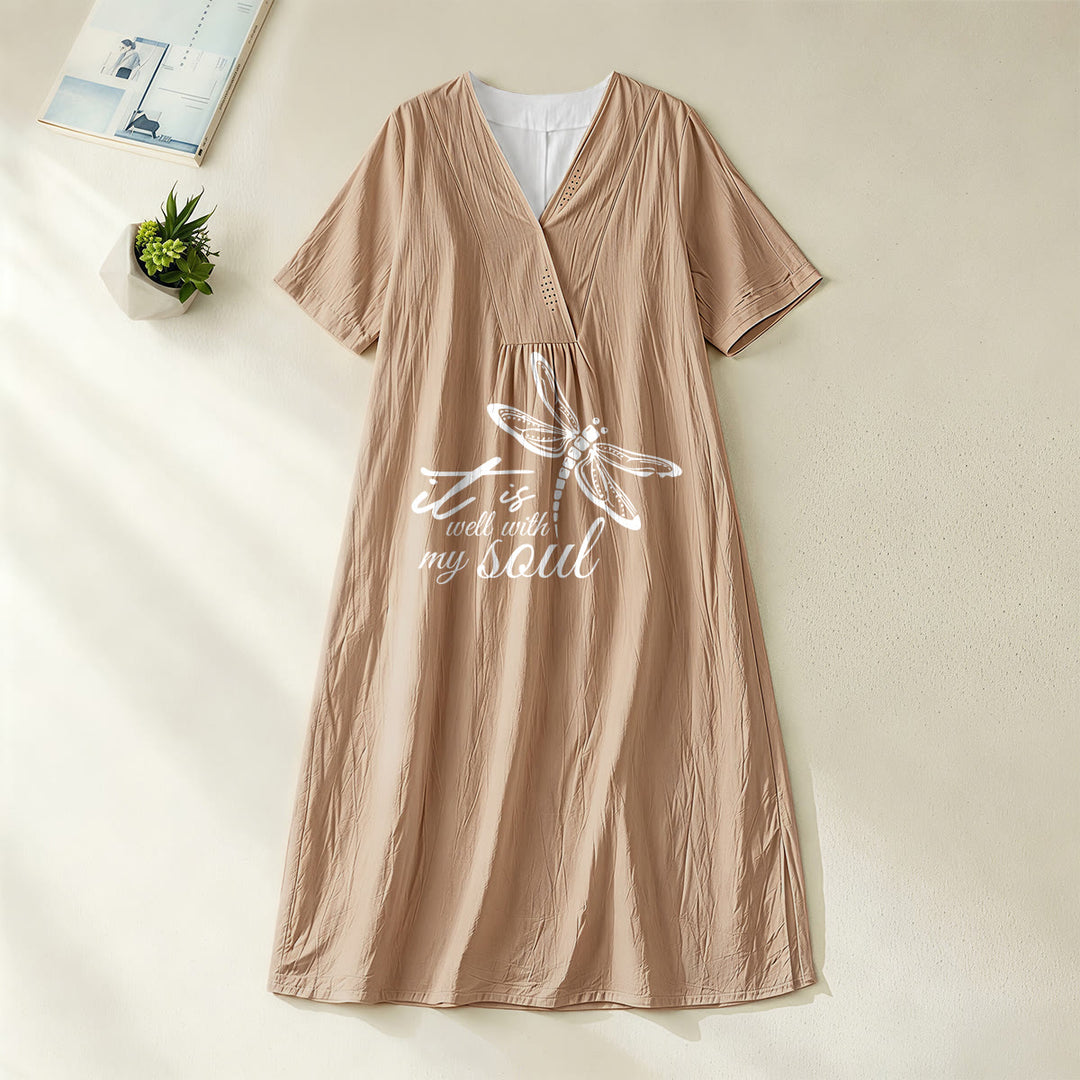 Christianartworkshop Sommer Strand Glaubensvers Libelle V-Ausschnitt Kurzarm Midikleid - Khaki - 4XL - image 6