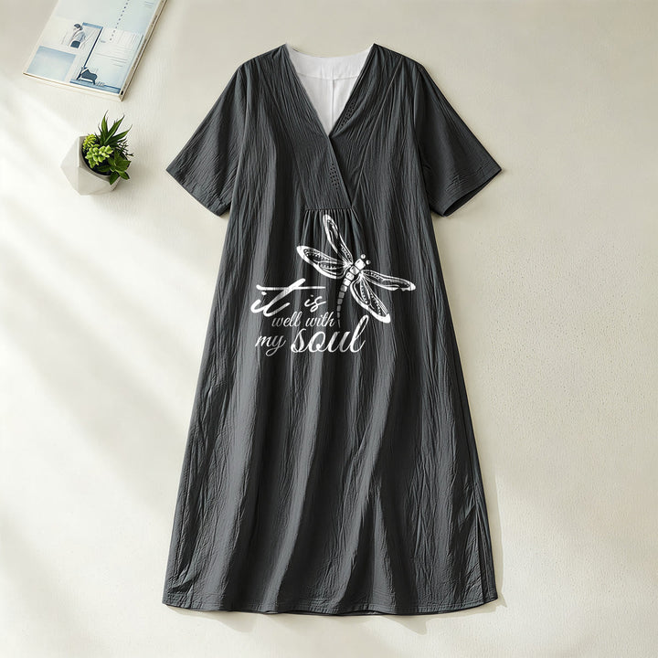 Christianartworkshop Sommer Strand Glaubensvers Libelle V-Ausschnitt Kurzarm Midikleid - Schwarz - 4XL - image 2
