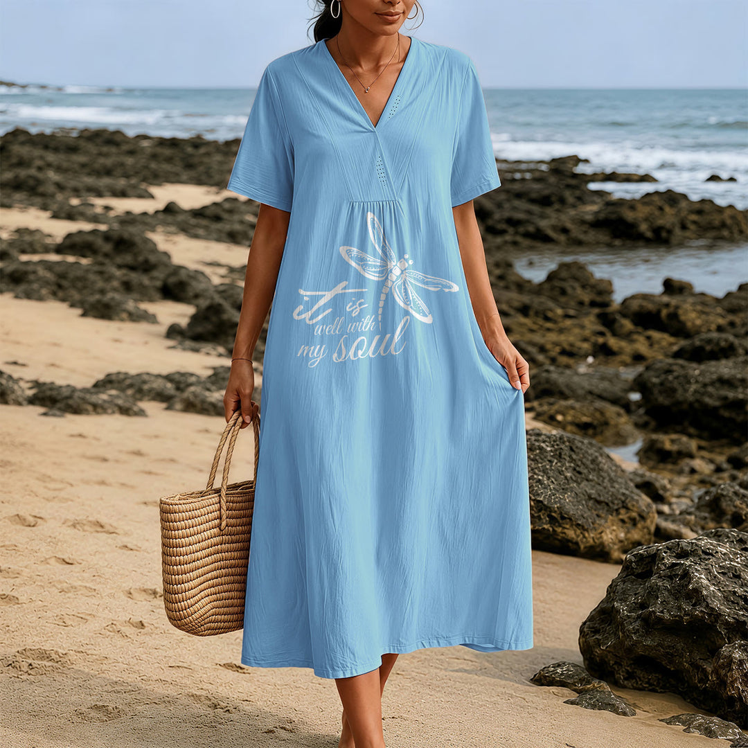 Christianartworkshop Sommer Strand Glaubensvers Libelle V-Ausschnitt Kurzarm Midikleid - image 5