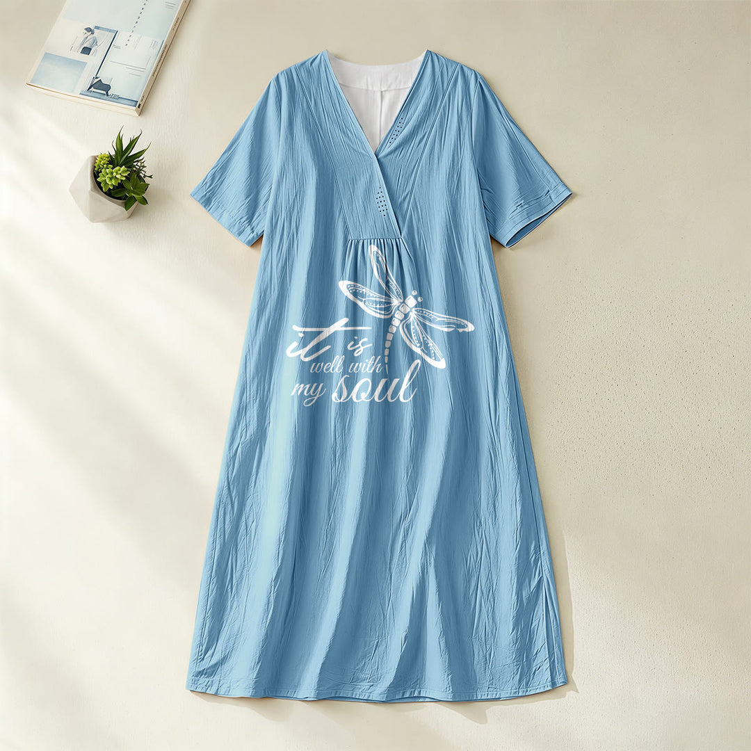 Christianartworkshop Sommer Strand Glaubensvers Libelle V-Ausschnitt Kurzarm Midikleid - Blau - 4XL - image 4